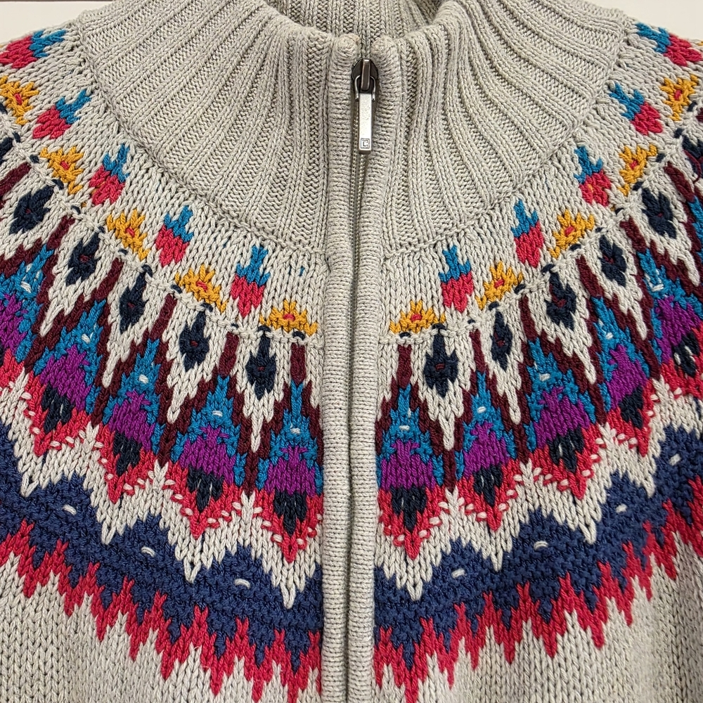 Ralph Lauren Chaps Light Gray Vibrant Colorful Aztec Print Zip Up Sweater XL